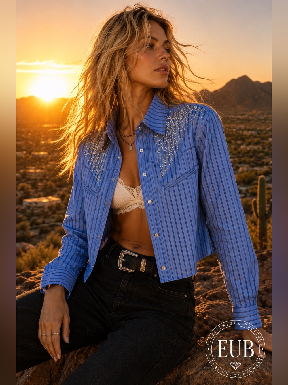 Free People X Understated Leather Western Embellished Button Down Shirt Blue - Picture 12 of 16